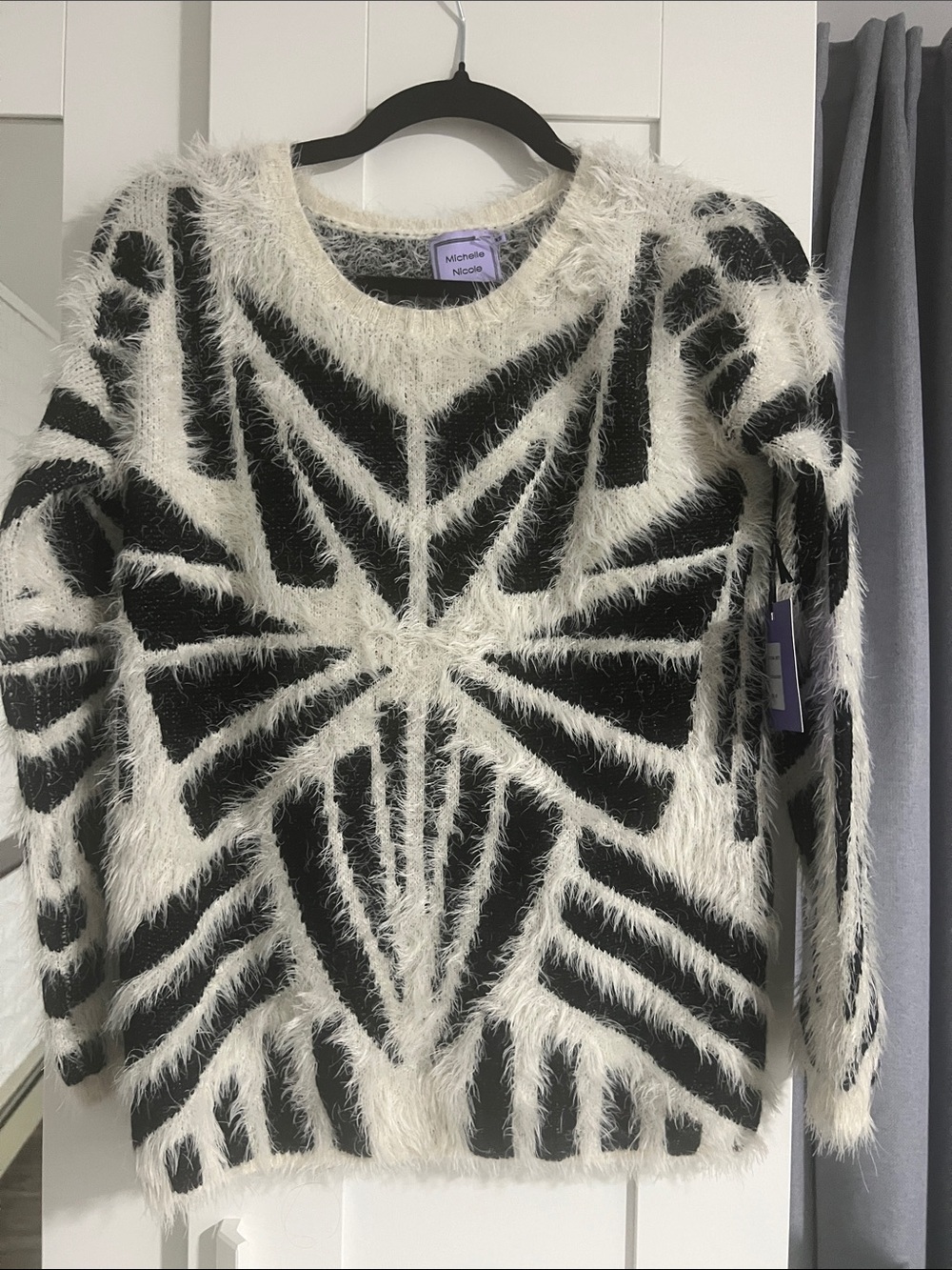 Michele Nicole Black and White Fuzzy Geometric Crewneck Sweater